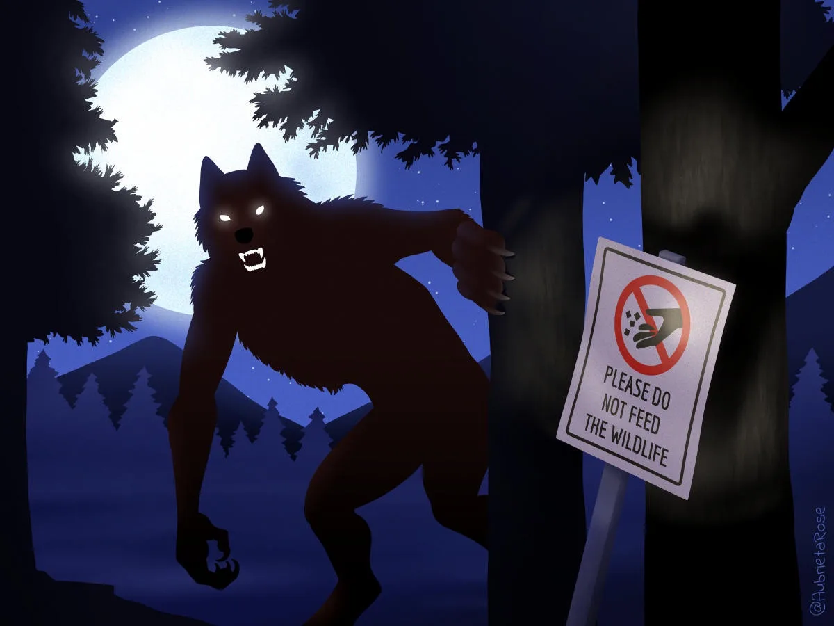 A menacing, glowing-eyed werewolf stands in a dark forest at night under a full moon, next to a sign that reads 'PLEASE DO…