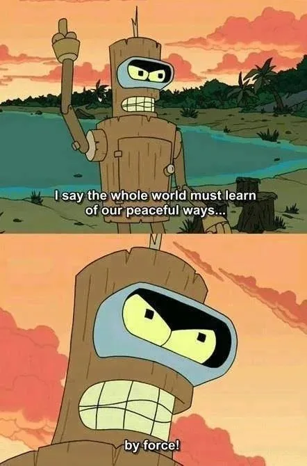 The image is a two-panel meme featuring the animated character Bender from Futurama. In the top panel, Bender stands in a…