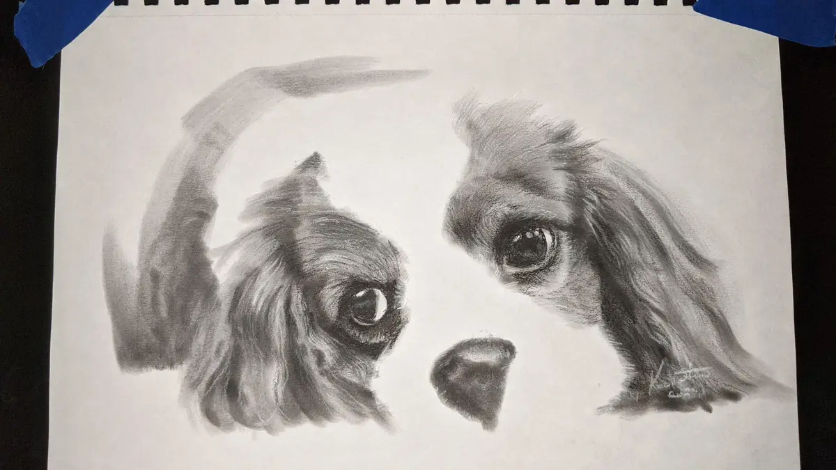 A detailed pencil sketch on paper shows a dog's face with large, expressive eyes looking directly at the viewer, while a…