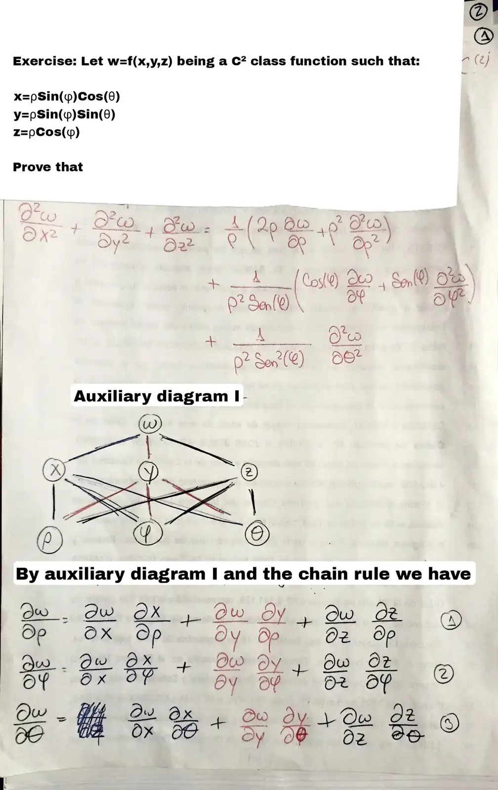 A photo of handwritten math notes showing a complex calculus problem involving spherical coordinates and the chain rule. The…