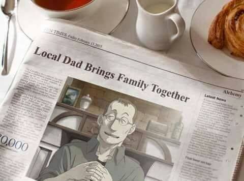 A newspaper headline reads 'Local Dad Brings Family Together' above a photo of an anime-style man with glasses smiling while…