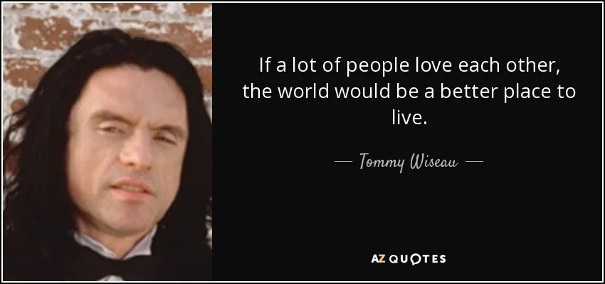 The image shows a split-screen: on the left, a close-up of Tommy Wiseau with long dark hair and a serious expression against…