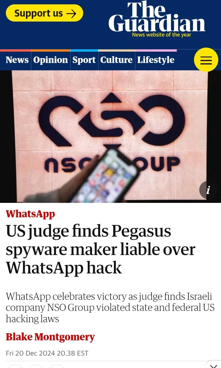 A screenshot of a The Guardian news article headline about a US judge ruling that the Israeli company NSO Group, whose logo…