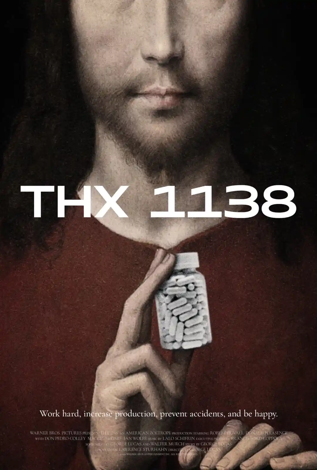 A close-up image of Jesus Christ from a classical painting, holding a bottle of white pills instead of a chalice. The text…
