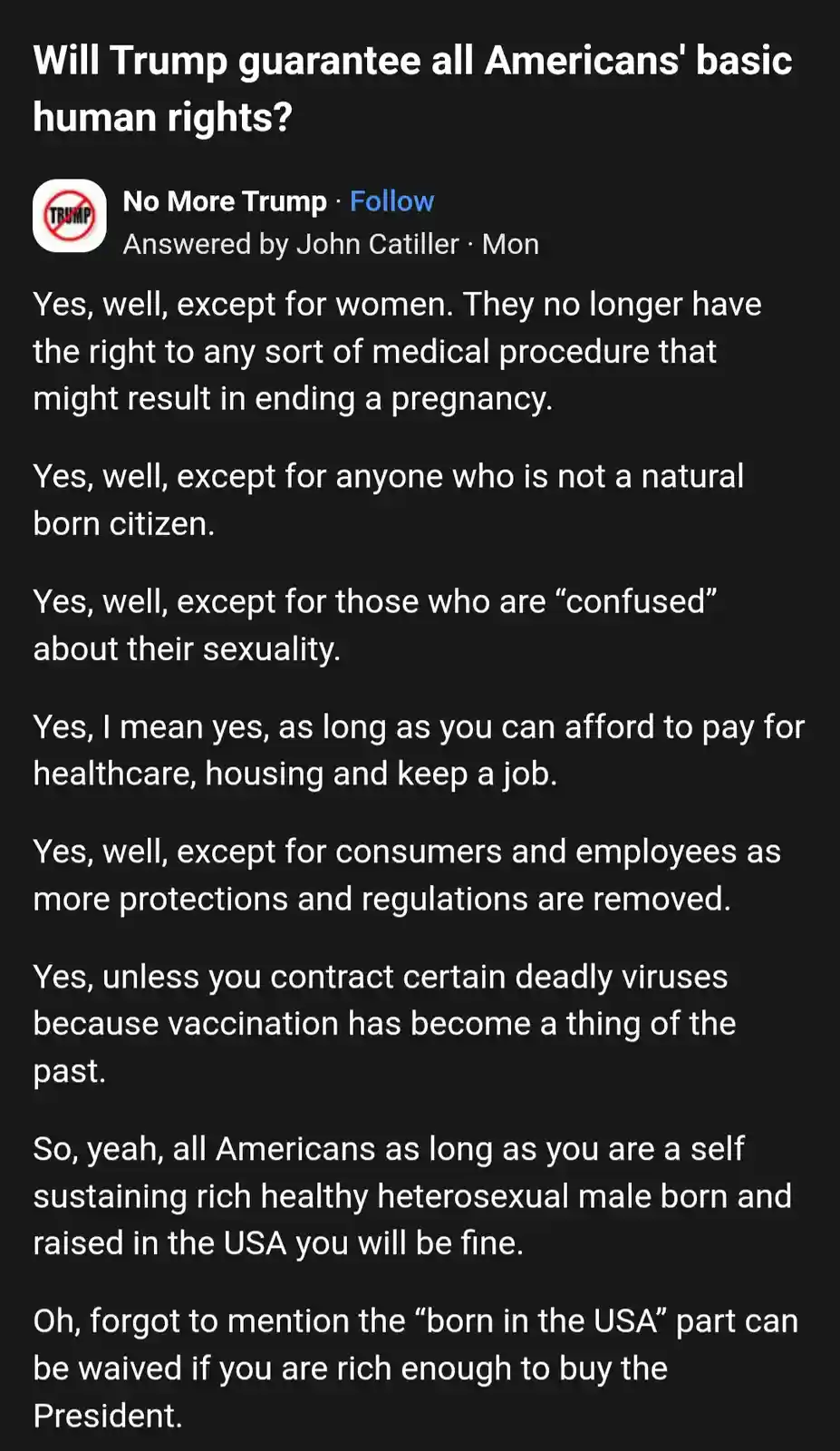 A screenshot of a social media post from 'No More Trump' showing a question about Trump guaranteeing basic human rights…