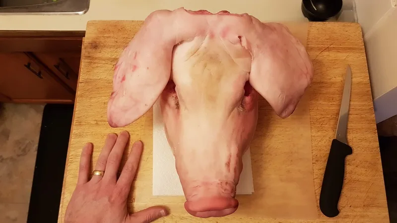 A raw pig's head is on a wooden cutting board, with a person's left hand resting beside it for scale. A black-handled knife…