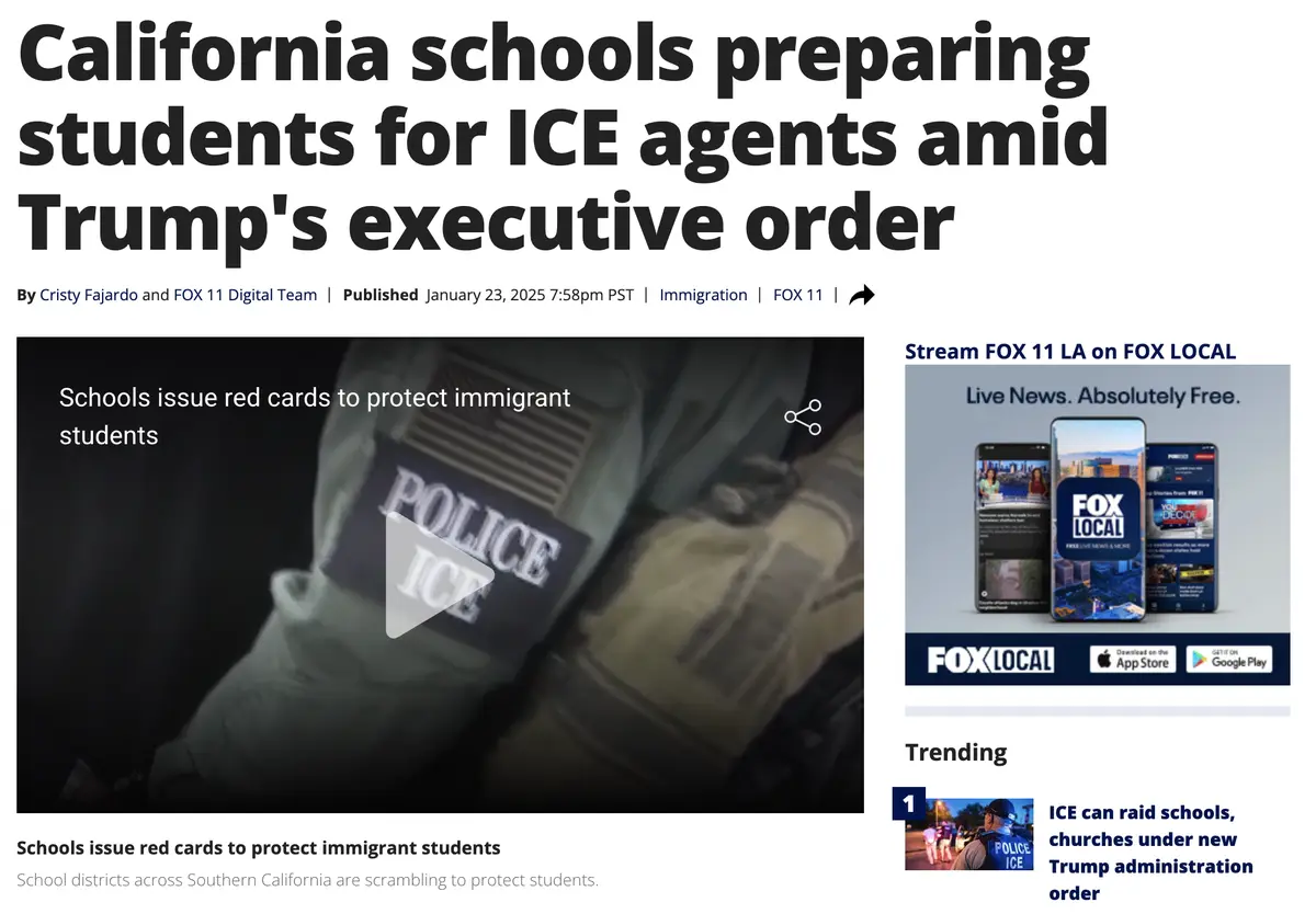 A screenshot of a FOX 11 news article with a headline about California schools preparing students for ICE agents. The image…