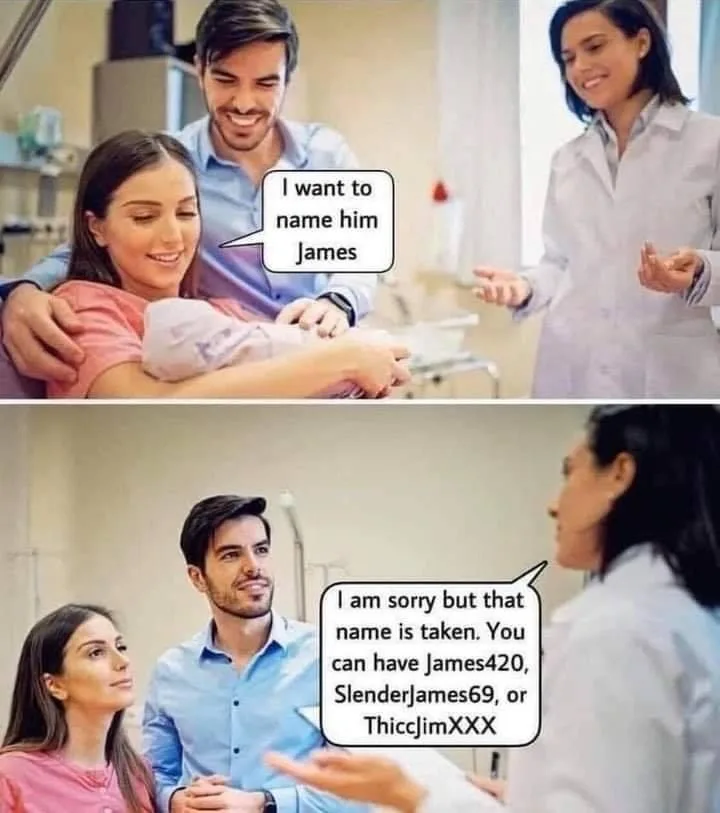 Top panel: A smiling couple holds a newborn baby in a hospital room, with the father saying 'I want to name him James'…