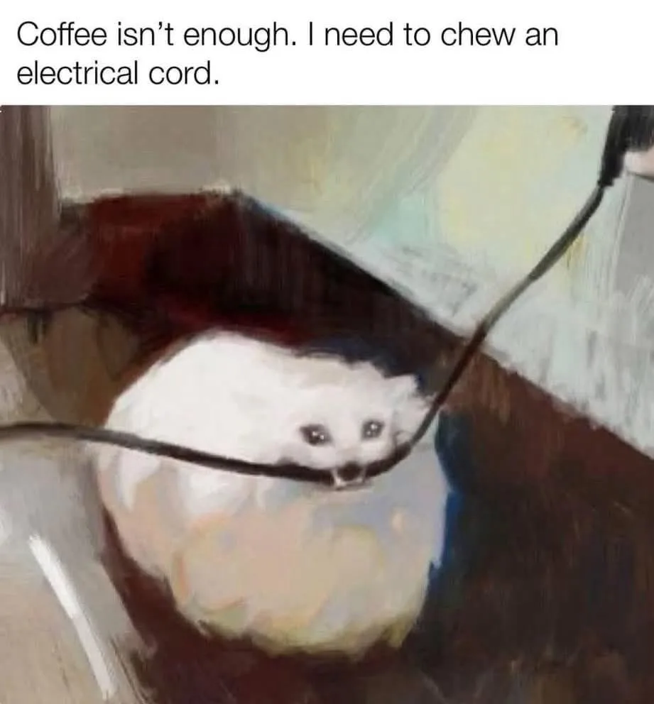 A small, fluffy white animal, resembling a ferret or weasel, is shown in a painterly, blurry style, biting down on a black…