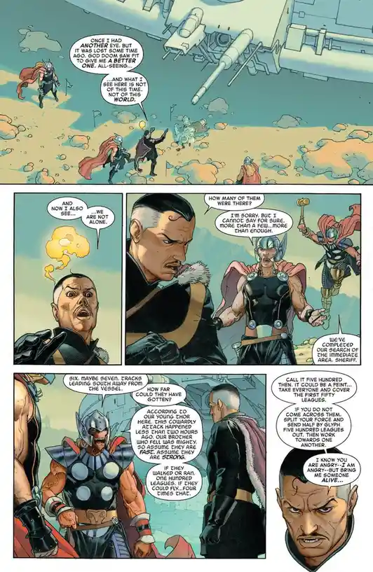 A comic book panel featuring Thor and a sheriff discussing an attack, with Thor claiming his 'all-seeing' eye reveals…