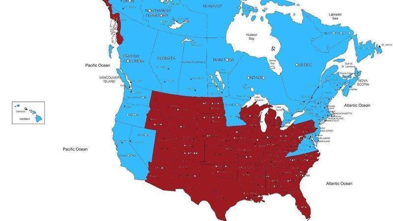 a map of north america showing the united states in red and canada in blue, with the overlaid text 'the united states of…