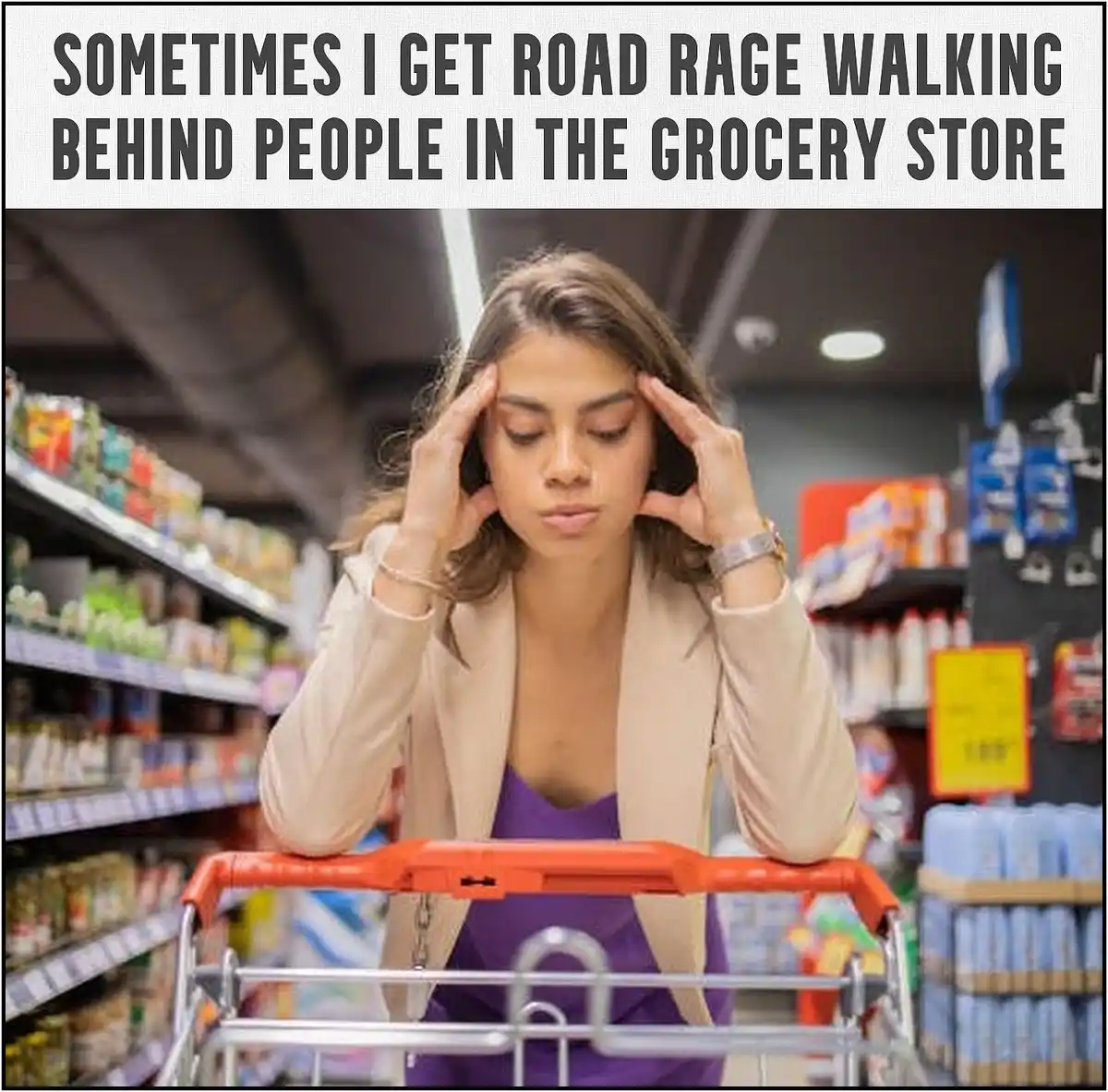 A woman in a grocery store aisle, pushing a shopping cart, looks stressed with her hands on her temples. The overlaid text…