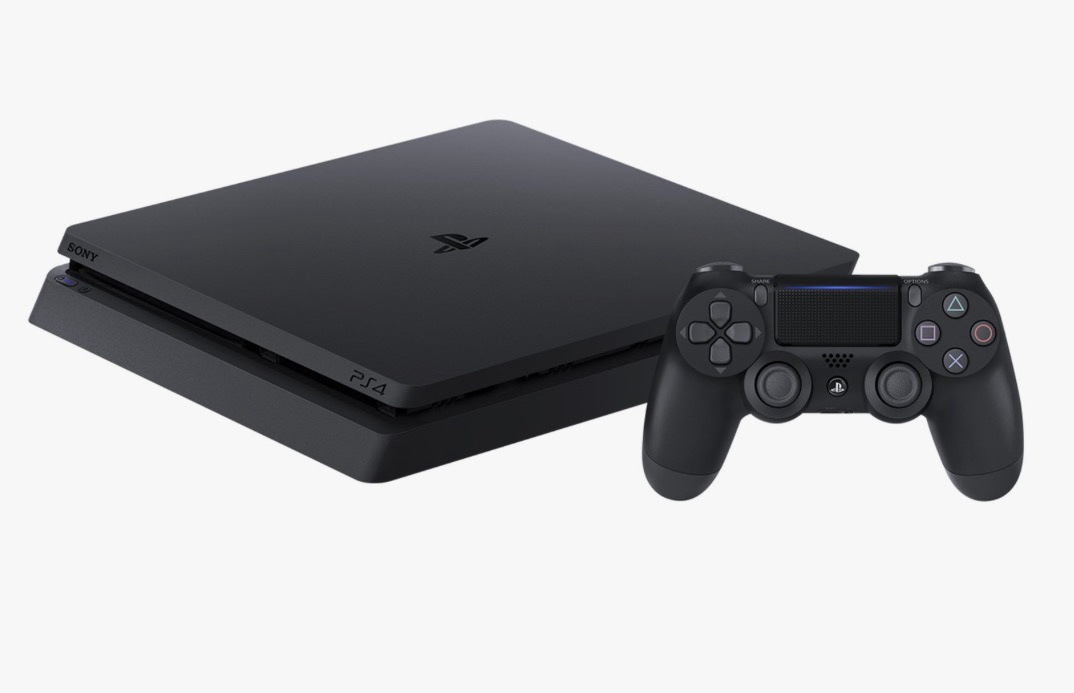 A black PlayStation 4 console and its matching controller are shown against a plain white background. The overlaid text…