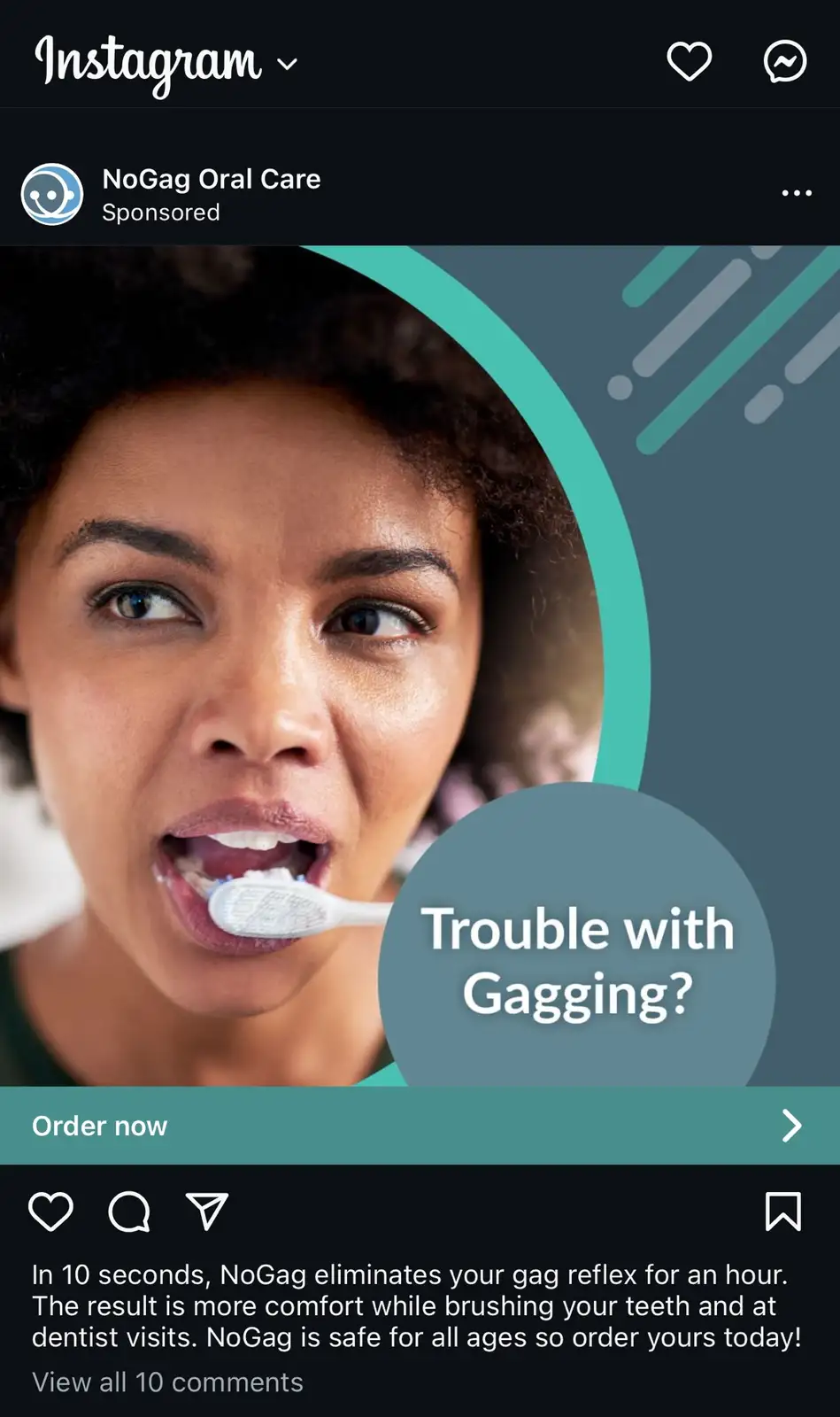 An Instagram sponsored ad for 'NoGag Oral Care' shows a woman brushing her teeth with a visibly distressed expression…