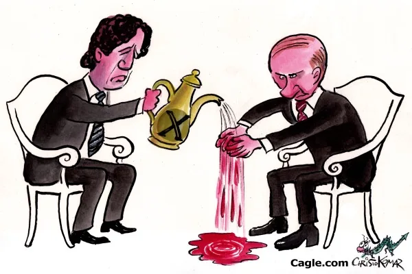 A cartoon depicts two men in suits seated in ornate chairs. The man on the left, with dark curly hair, pours a red liquid…