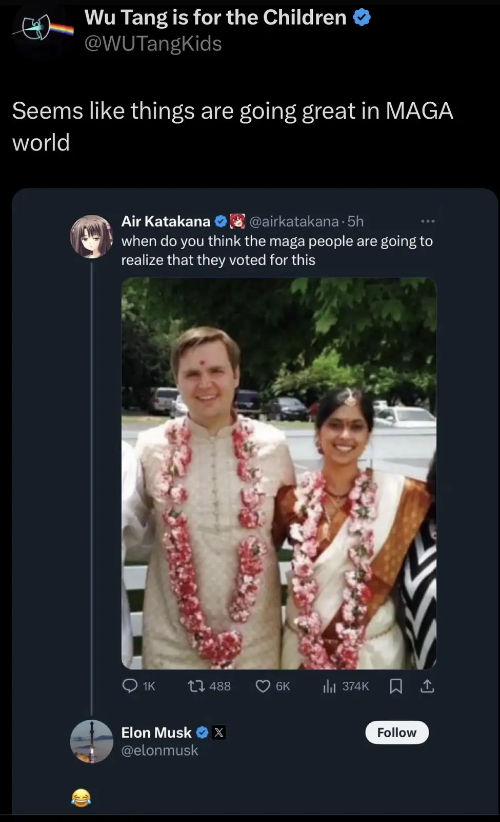 A screenshot of a tweet by 'Wu Tang is for the Children' reposting a tweet from 'Air Katakana' that asks when MAGA…