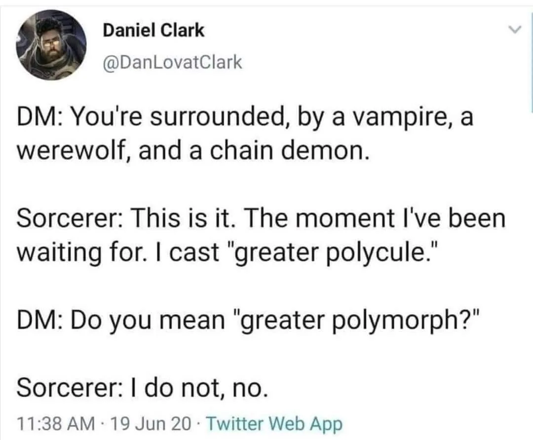 A screenshot of a Twitter post by Daniel Clark showing a humorous Dungeons & Dragons roleplay exchange where a sorcerer…