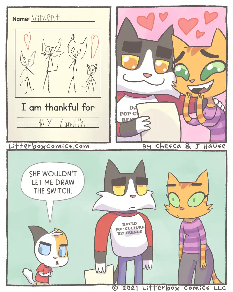 A three-panel comic strip featuring cartoon cats. In the first panel, a cat named Vincent draws a stick figure family and…