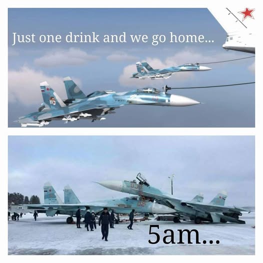The top panel shows two Russian fighter jets in flight, connected by refueling hoses to a tanker aircraft, with text reading…