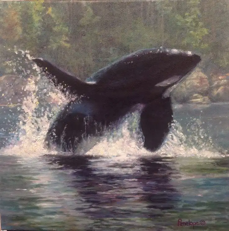 A painting depicts a large black whale leaping out of water, creating a splash, with a forested shoreline in the background…