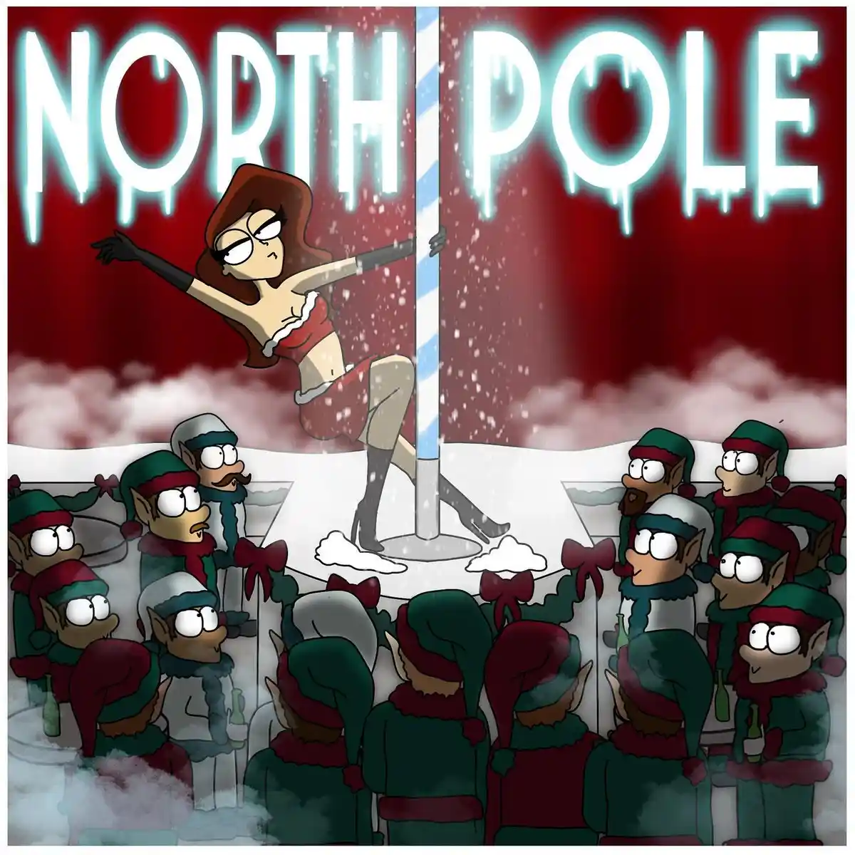 A cartoon image shows a woman in a red outfit pole dancing on a pole labeled 'NORTH POLE' while a crowd of elves in green…