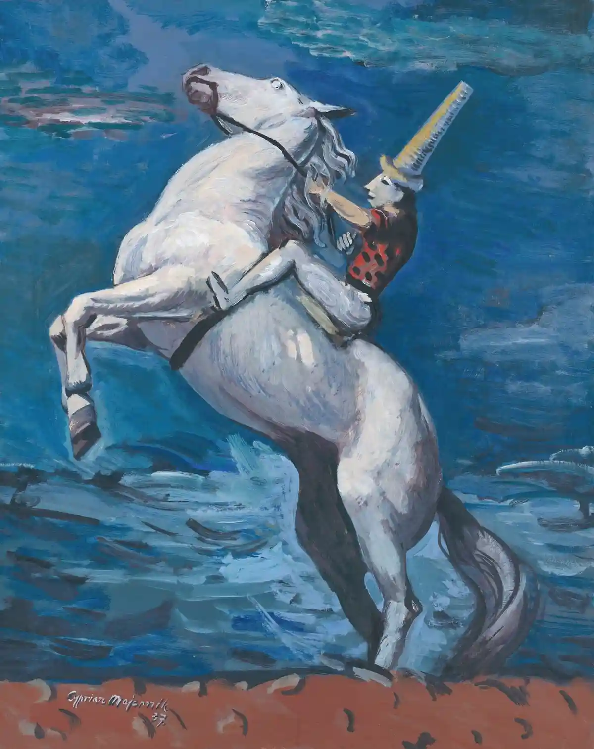A painting depicts a white horse rearing up against a blue background, with a rider wearing a tall yellow hat and…