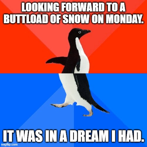 A penguin stands in a split-screen image with a red top half and blue bottom half. The top text reads 'LOOKING FORWARD TO A…