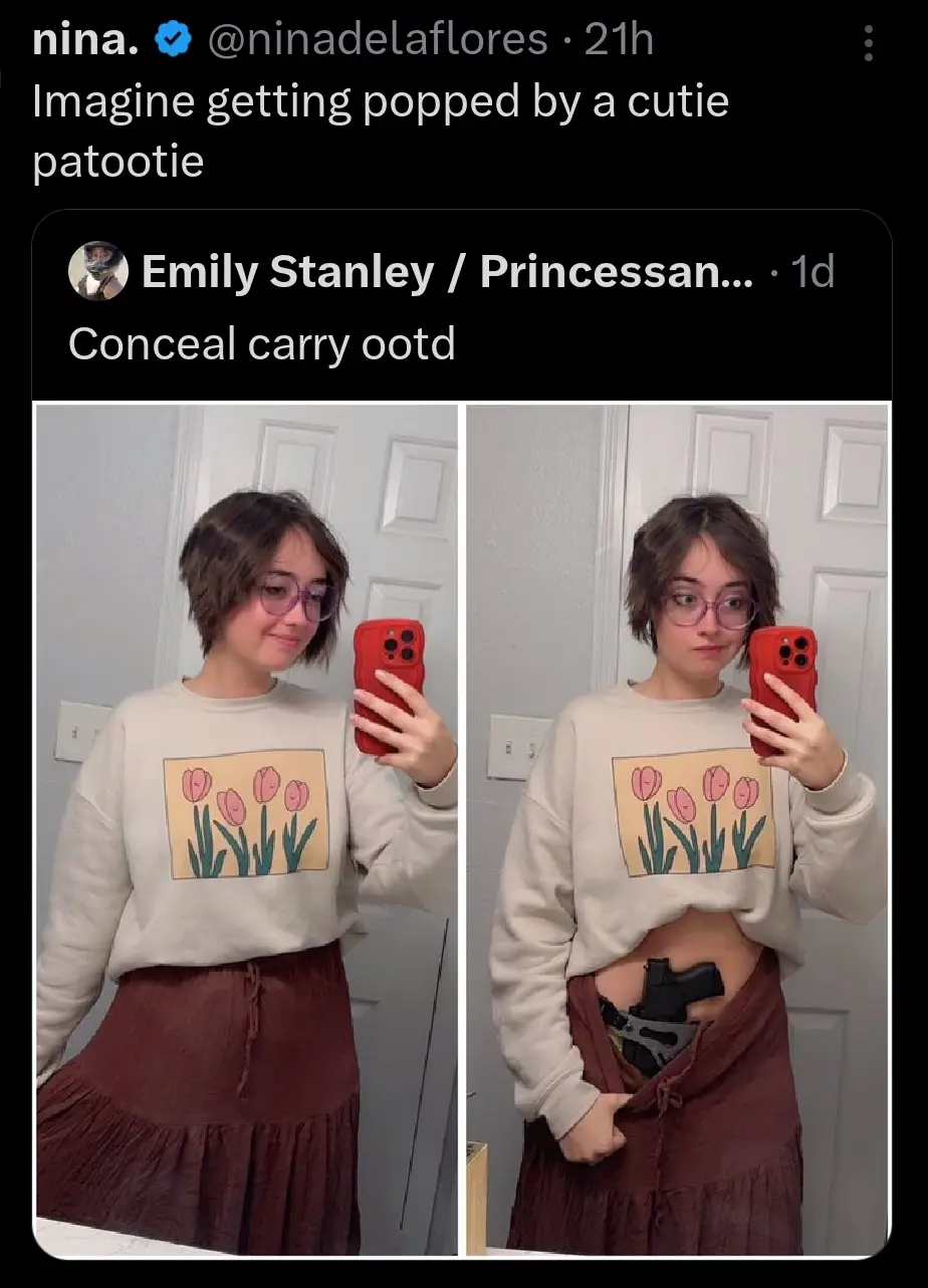 A two-panel image shows a woman taking mirror selfies. In the left panel, she wears a cropped sweatshirt with a tulip…