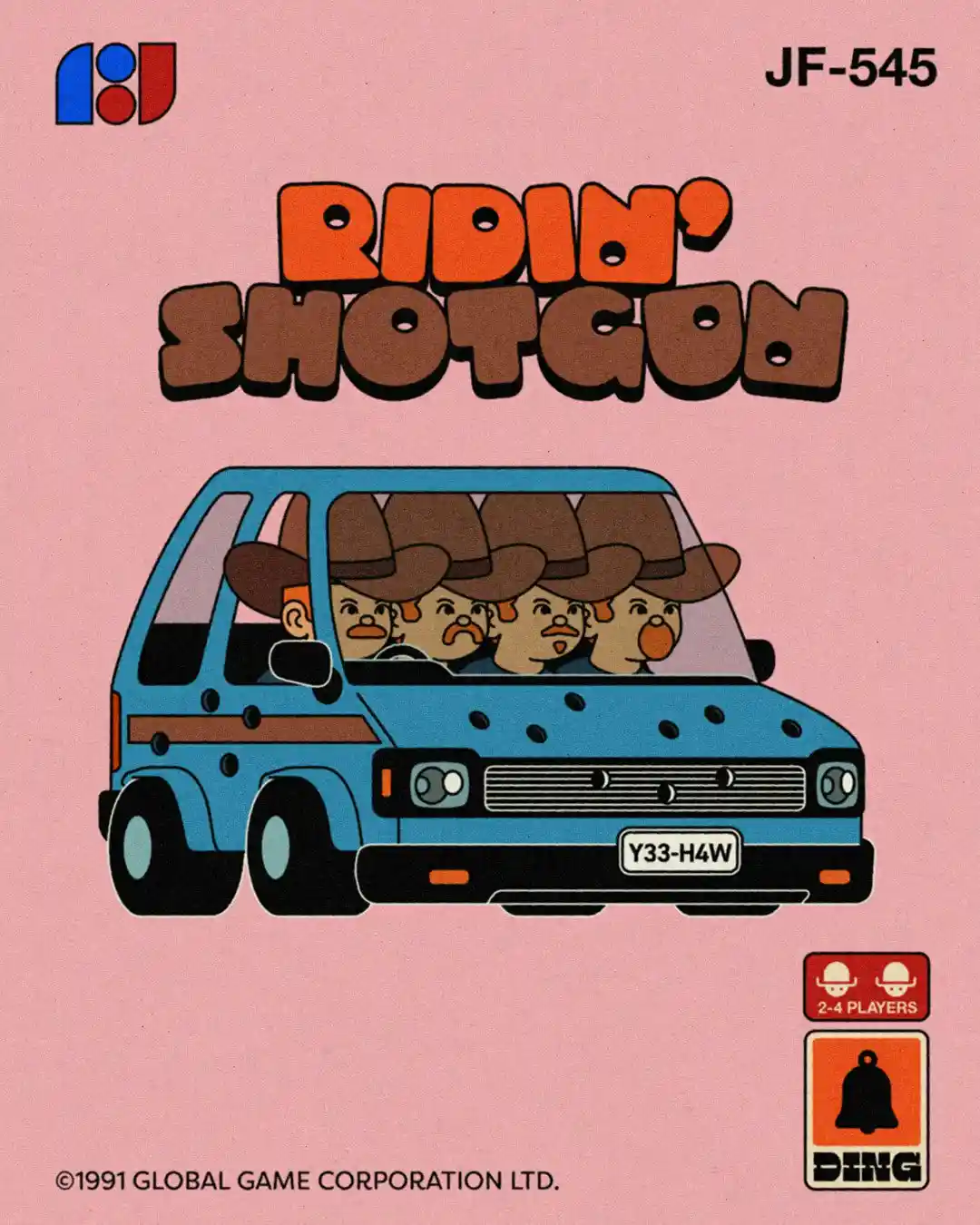 A retro video game cover for 'Ridin' Shotgun' shows a blue van packed with multiple identical cartoon cowboys wearing hats…