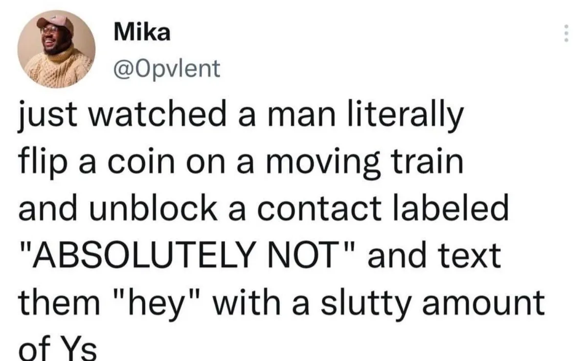 A screenshot of a tweet by user Mika (@Opvlent) showing a man performing an absurdly risky and emotionally charged action…