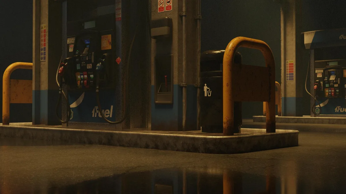 A dimly lit, empty gas station at night with two fuel pumps and a trash can between them, overlaid with the text 'i'm not…