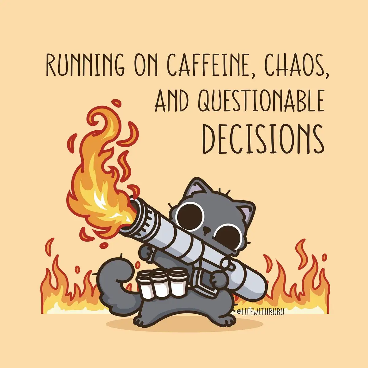 A cartoon gray cat with wide eyes is running while firing a rocket launcher that emits flames, surrounded by fire. The cat…