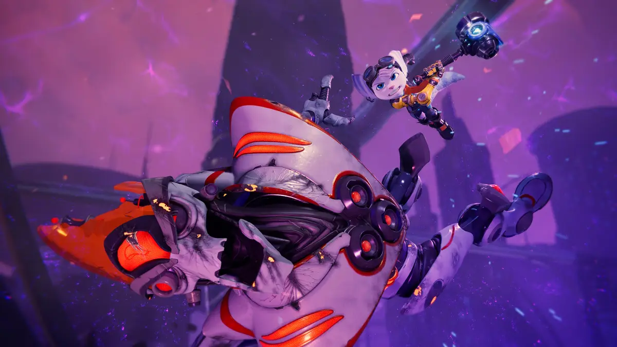 A small, determined animated character with goggles and a hammer is flying toward a large, broken, white and orange robot…