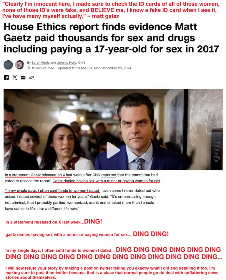 A screenshot of a CNN news article about Matt Gaetz's ethics report findings is overlaid with red text mocking his denial of…