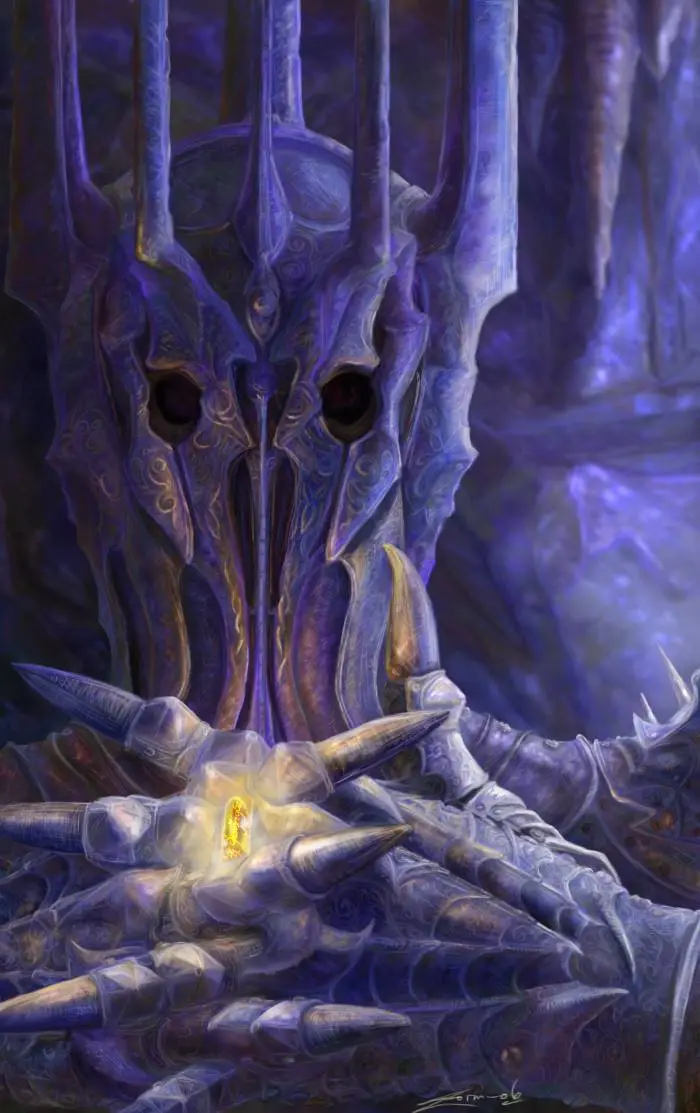 A dark, purple-hued, ornate helmeted figure with glowing eyes and spiked armor holds a glowing golden ring in its clawed…