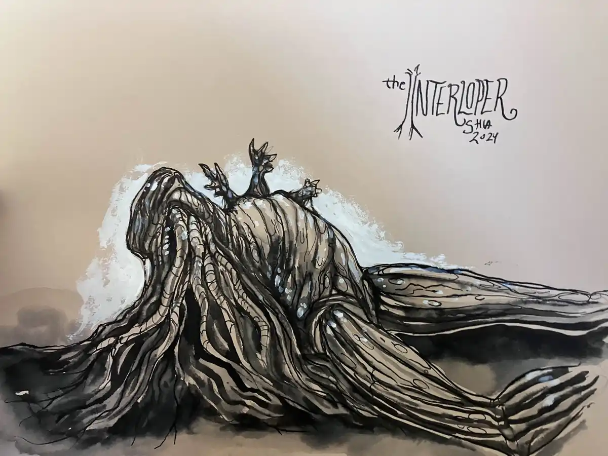 A watercolor painting depicts a large, monstrous, tree-like creature with gnarled roots and branches emerging from a wave…