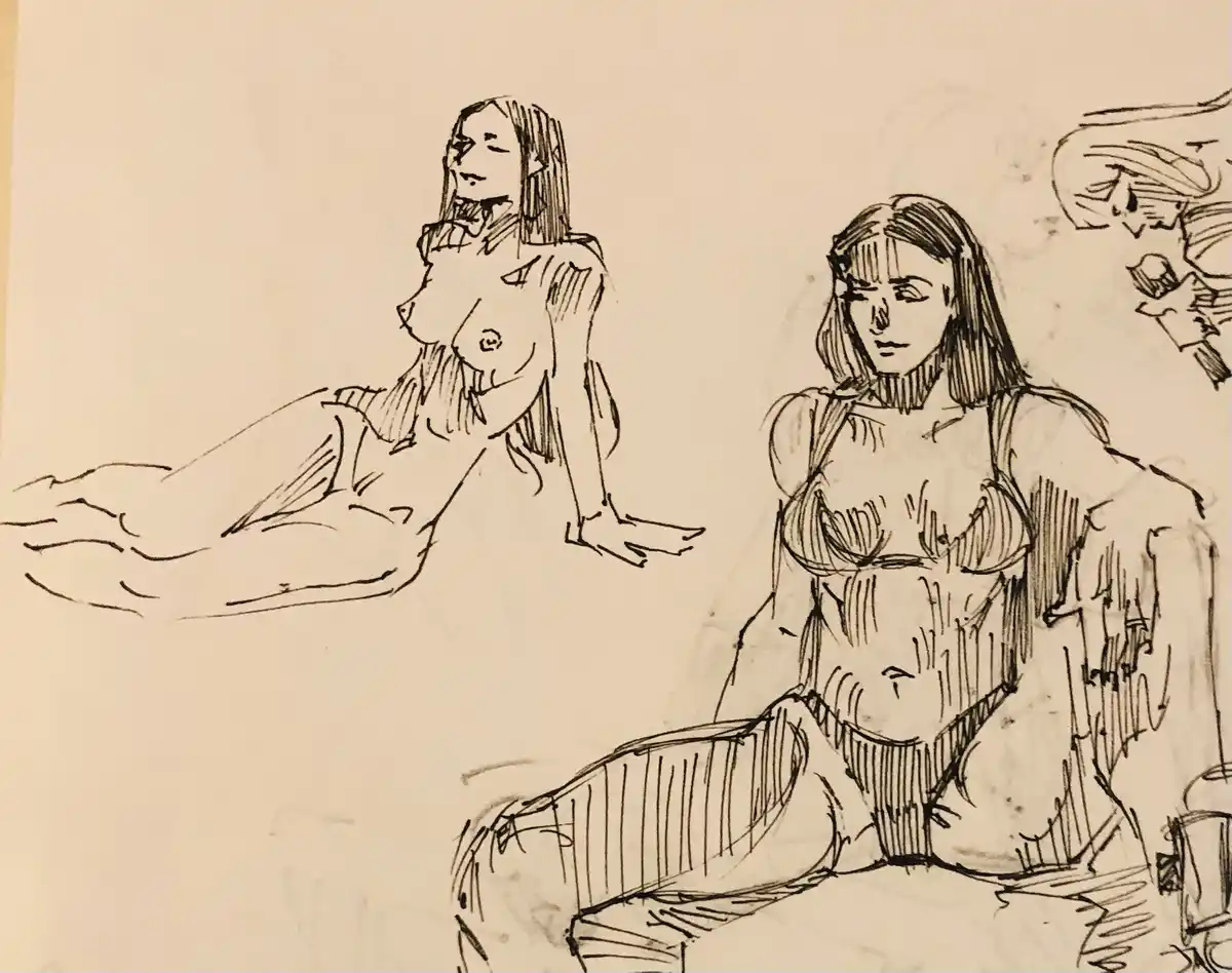 A sketch shows two nude female figures, one reclining and one seated, with a third partially visible figure in the…