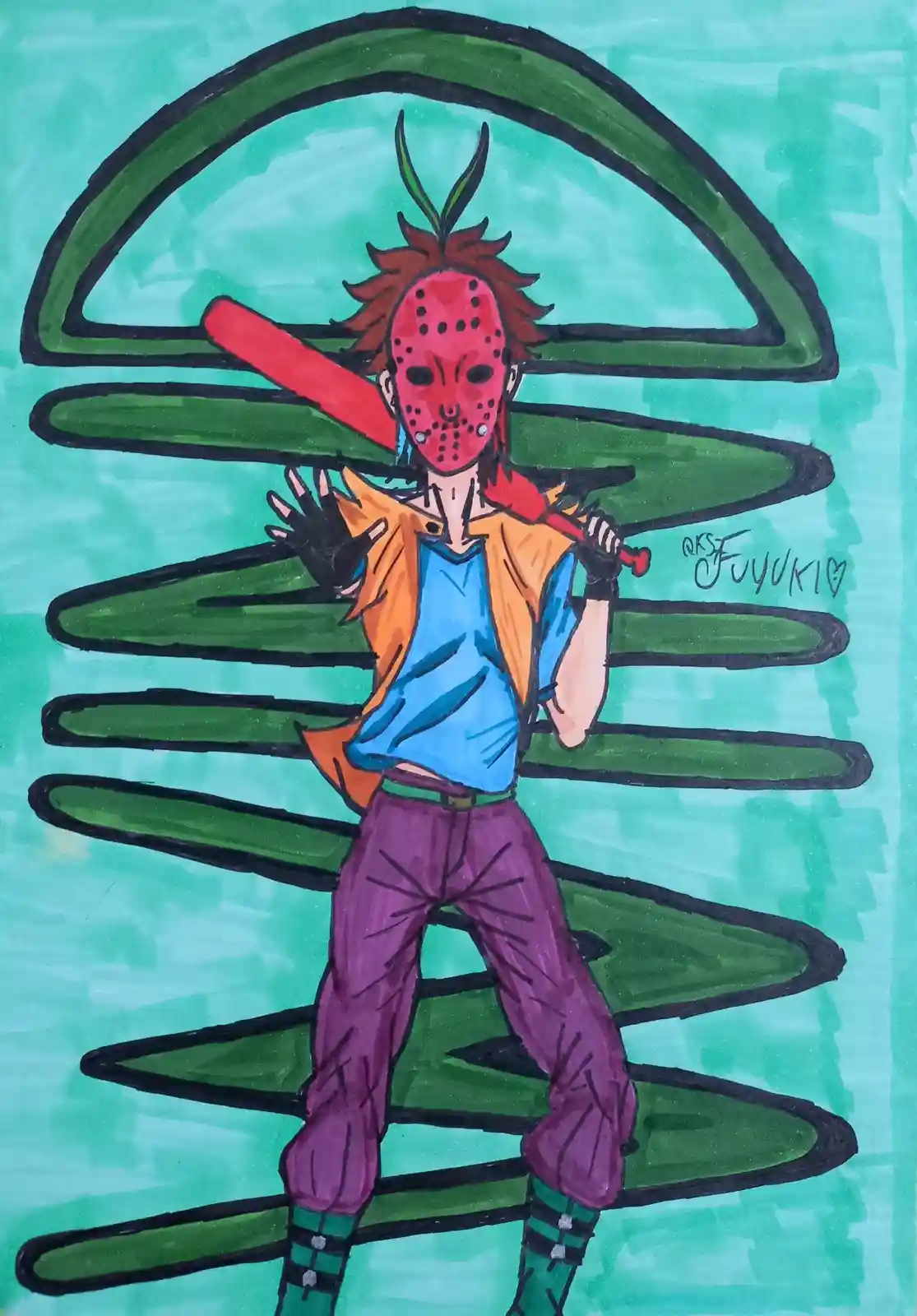 A hand-drawn illustration shows a character with spiky brown hair, wearing a red Jason Voorhees-style hockey mask and…