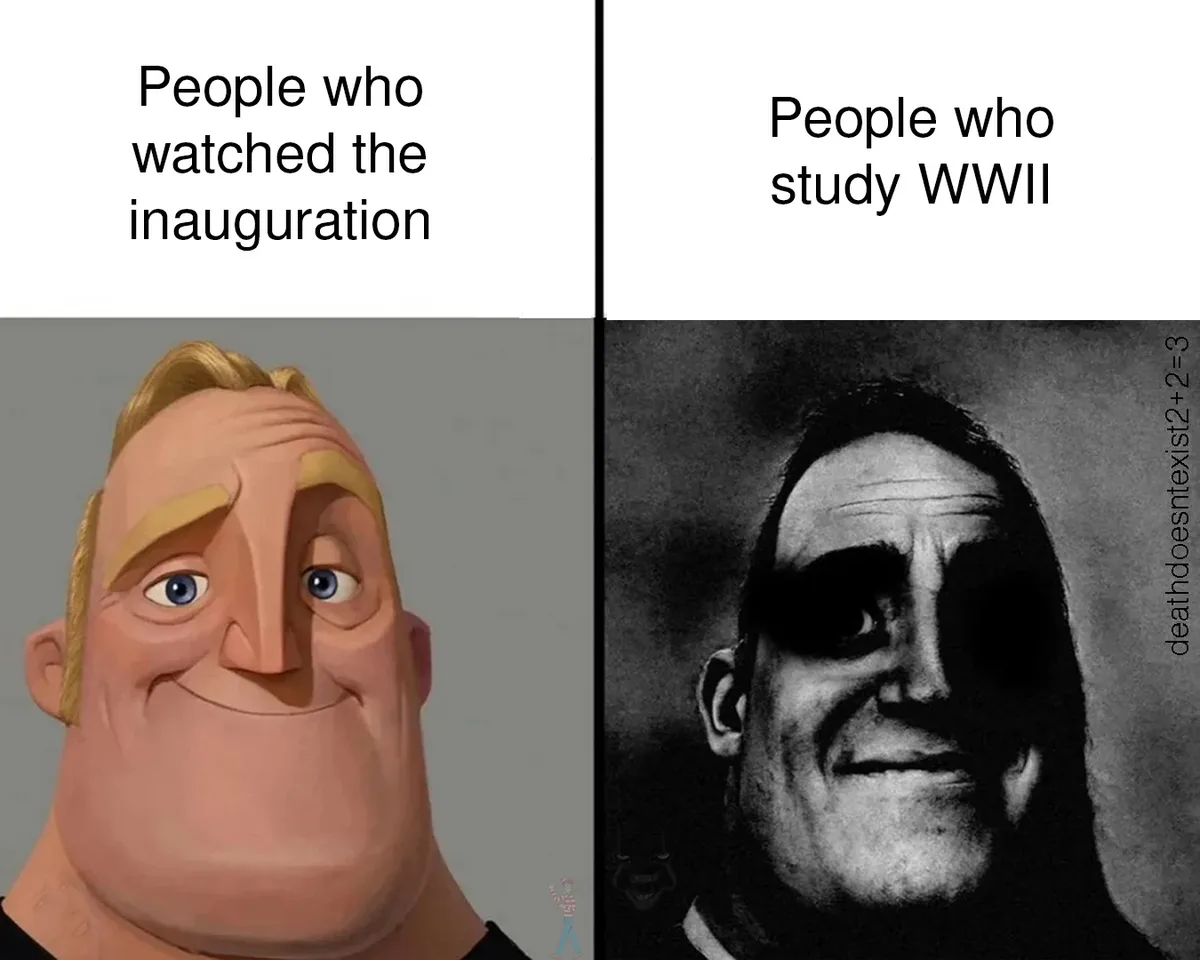 The image is a two-panel meme. The left panel shows a cheerful, cartoonish man with blonde hair and a wide smile, labeled…