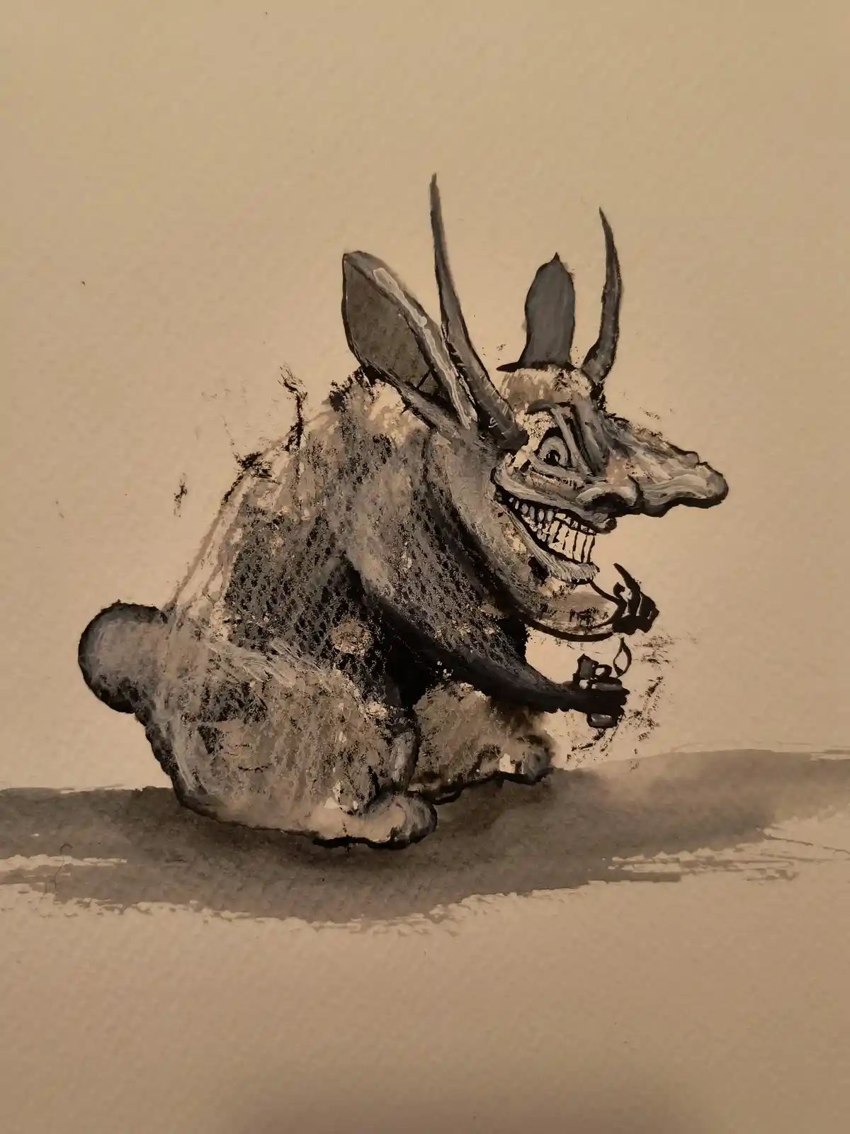 A sepia-toned watercolor painting depicts a grotesque, cartoonish bat-like creature with large ears, horns, and a wide…