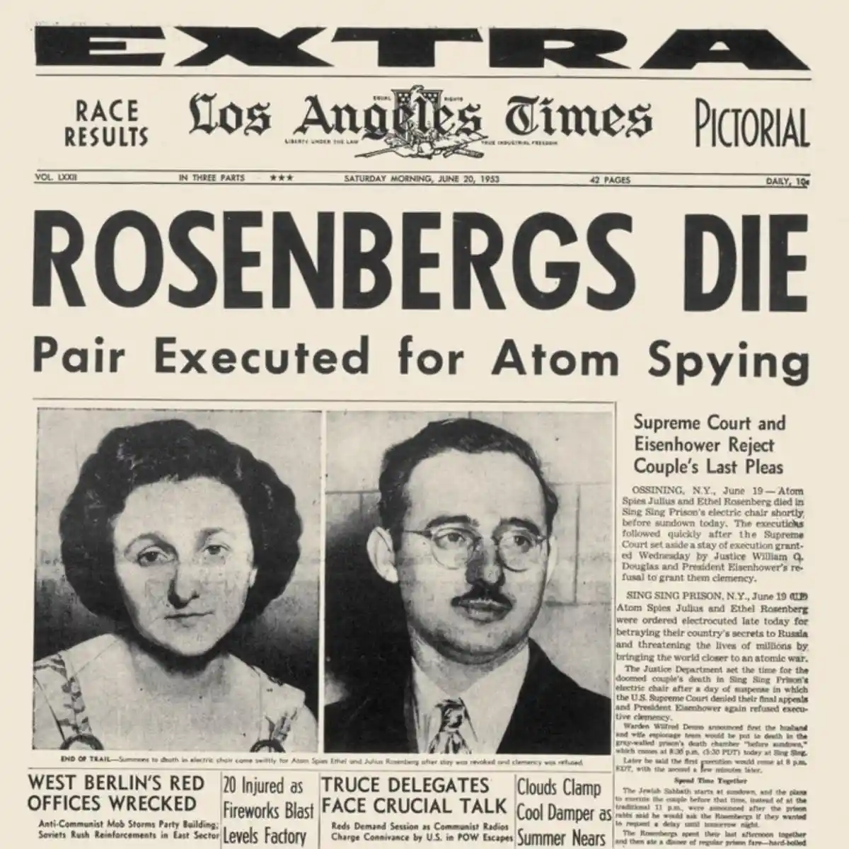 A vintage Los Angeles Times newspaper front page from June 20, 1953, featuring a large headline 'ROSENBERGS DIE' and…