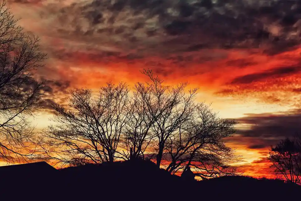A dramatic sunset with fiery orange and red clouds against a dark sky, silhouetting bare-branched trees and a house…