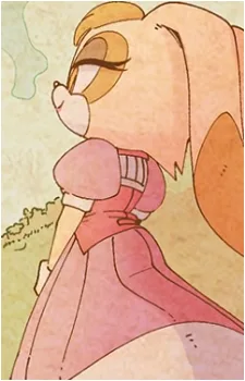 A cartoon rabbit in a pink dress stands with her back mostly turned, looking over her shoulder with a skeptical expression…