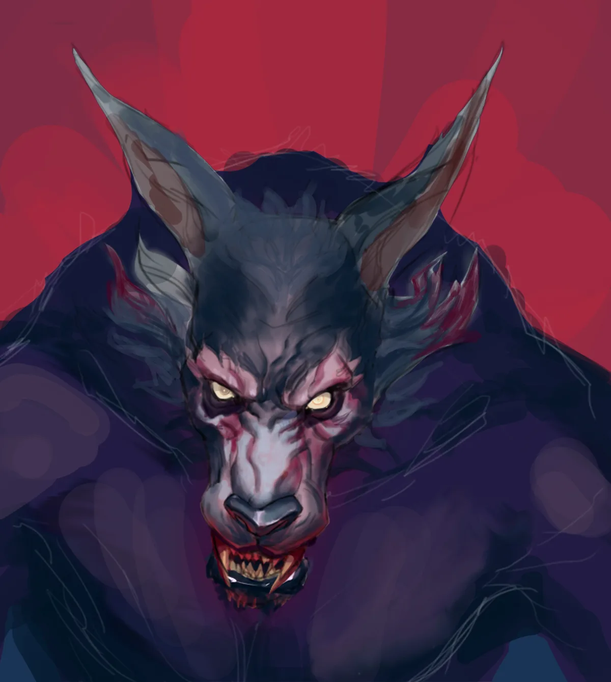 A digitally painted close-up of a menacing, dark-furred werewolf with glowing yellow eyes, bared fangs, and pointed ears…