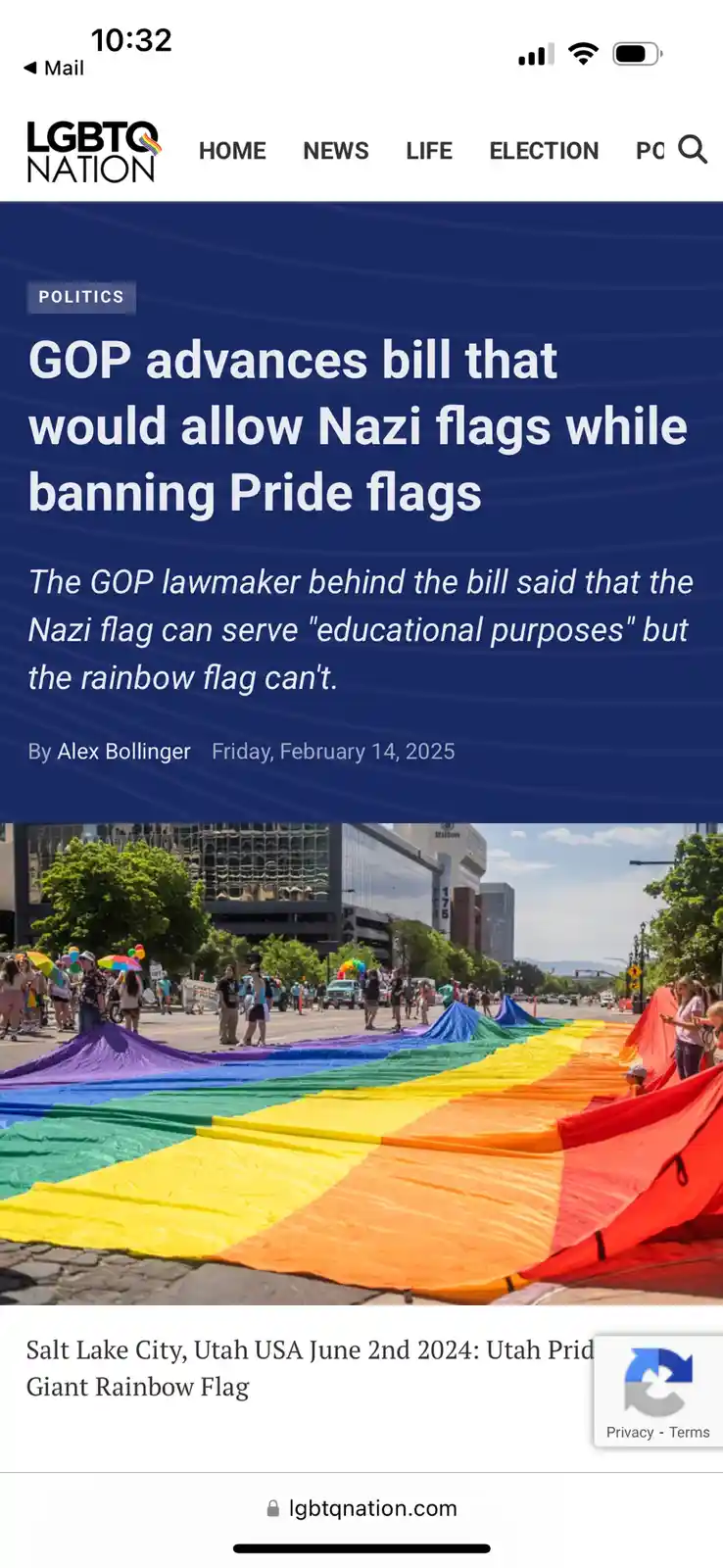 A screenshot of an LGBTQ Nation news article headline about a GOP bill allowing Nazi flags for 'educational purposes' while…