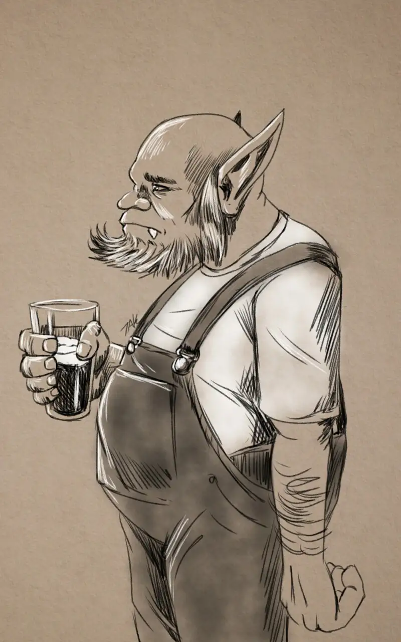 A sketch-style drawing of a grumpy, bald, bearded goblin-like creature with pointed ears, wearing overalls and holding a…