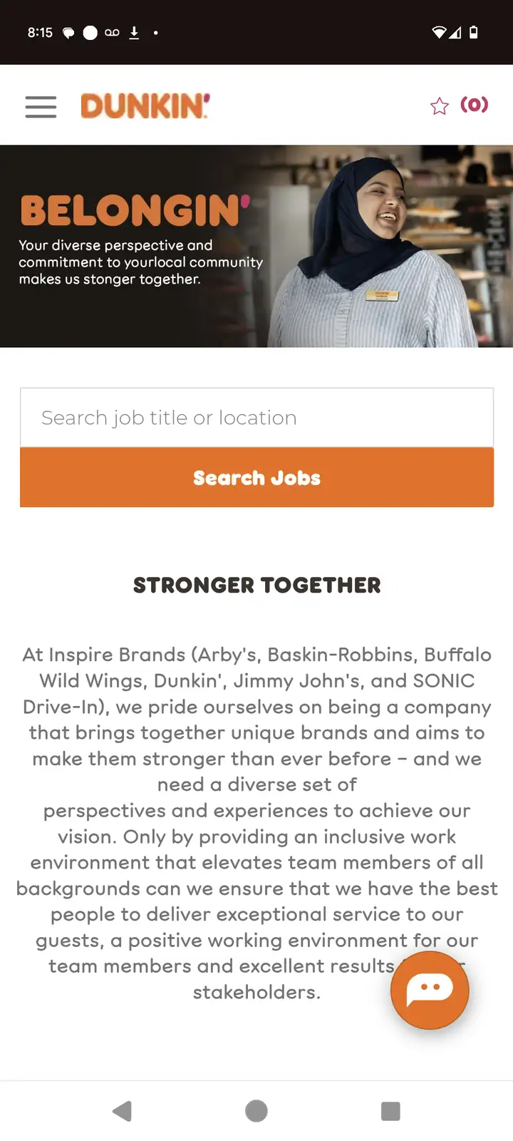 A screenshot of Dunkin's job application page showing a smiling woman in a hijab and striped shirt with a name tag. The page…