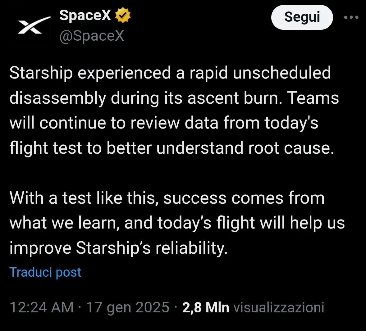 A screenshot of a SpaceX Twitter post from January 17, 2025, announcing that the Starship spacecraft experienced a rapid…