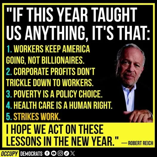 A black-and-yellow graphic features a photo of Robert Reich on the right, with a numbered list of five political statements…