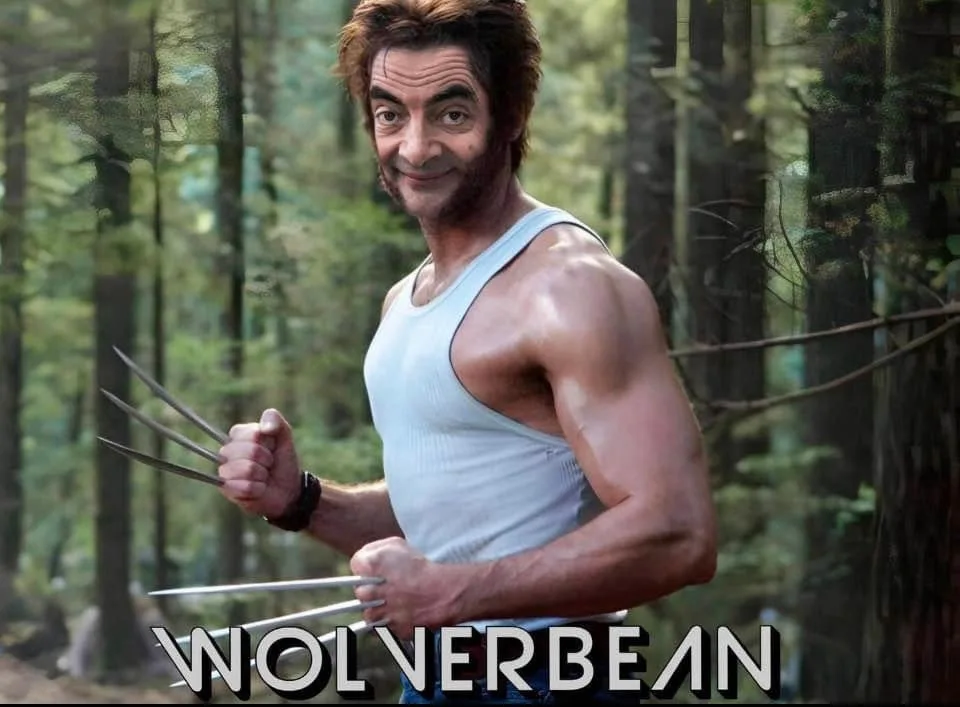 A man with a muscular build, wearing a white tank top and holding Wolverine-style claws, stands in a forest. His face is…